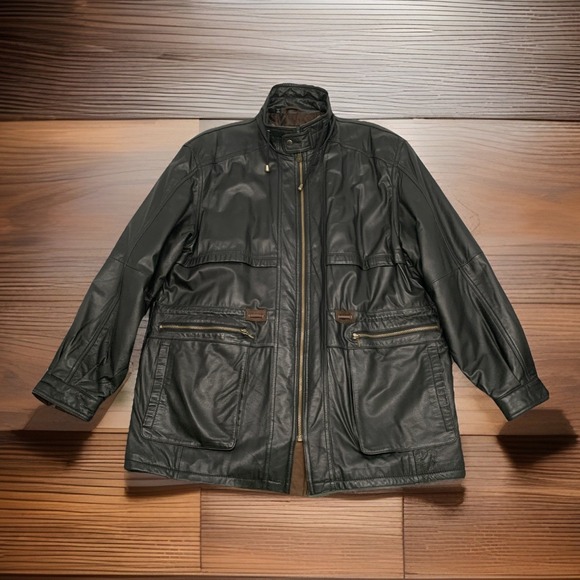 Vtg Members Only Mid Length Trench Full Zip Lined Black Leather Jacket XLT Rare